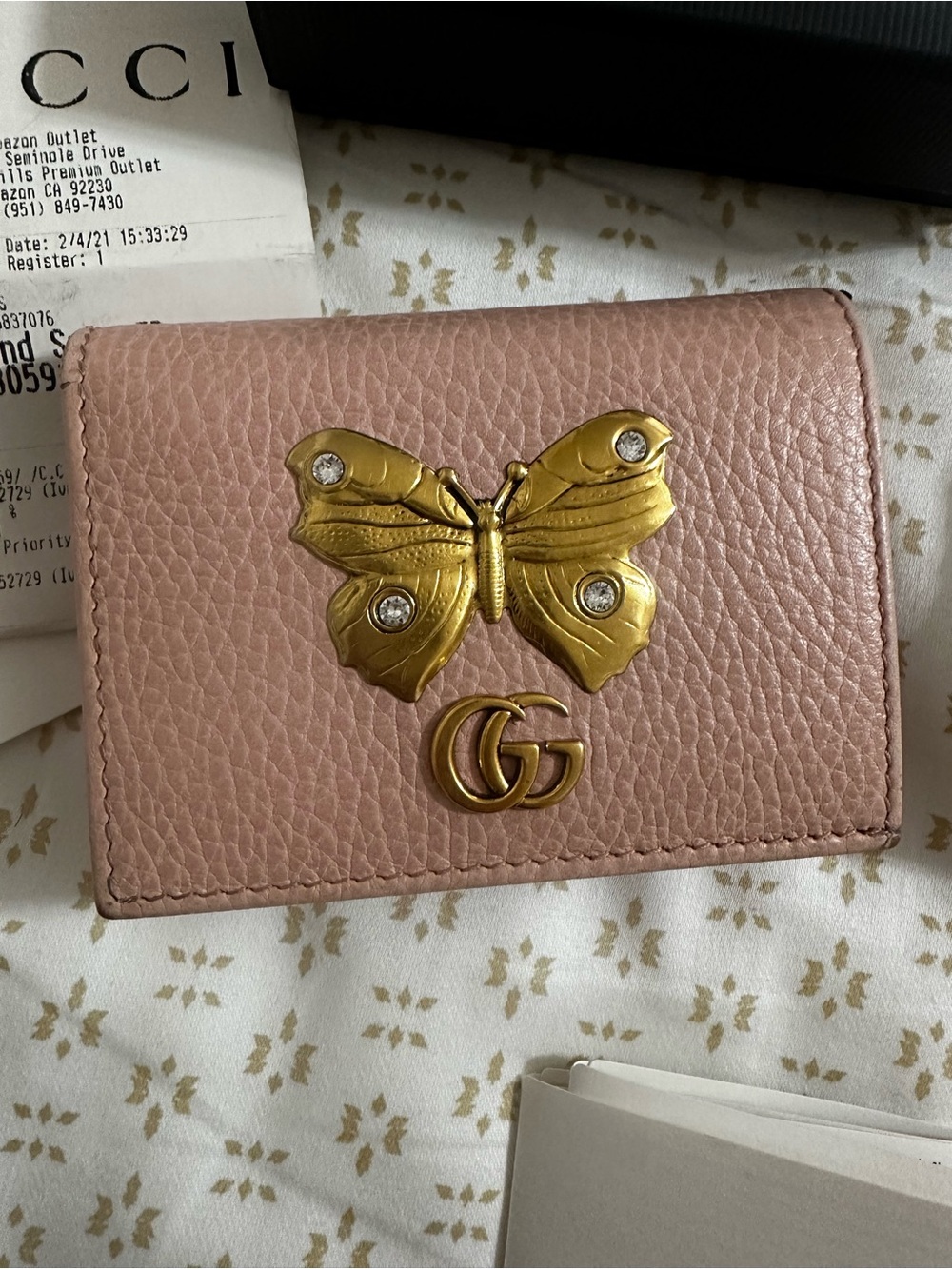 Gucci Rose Pink Leather Butterfly GG Card Holder with receipt